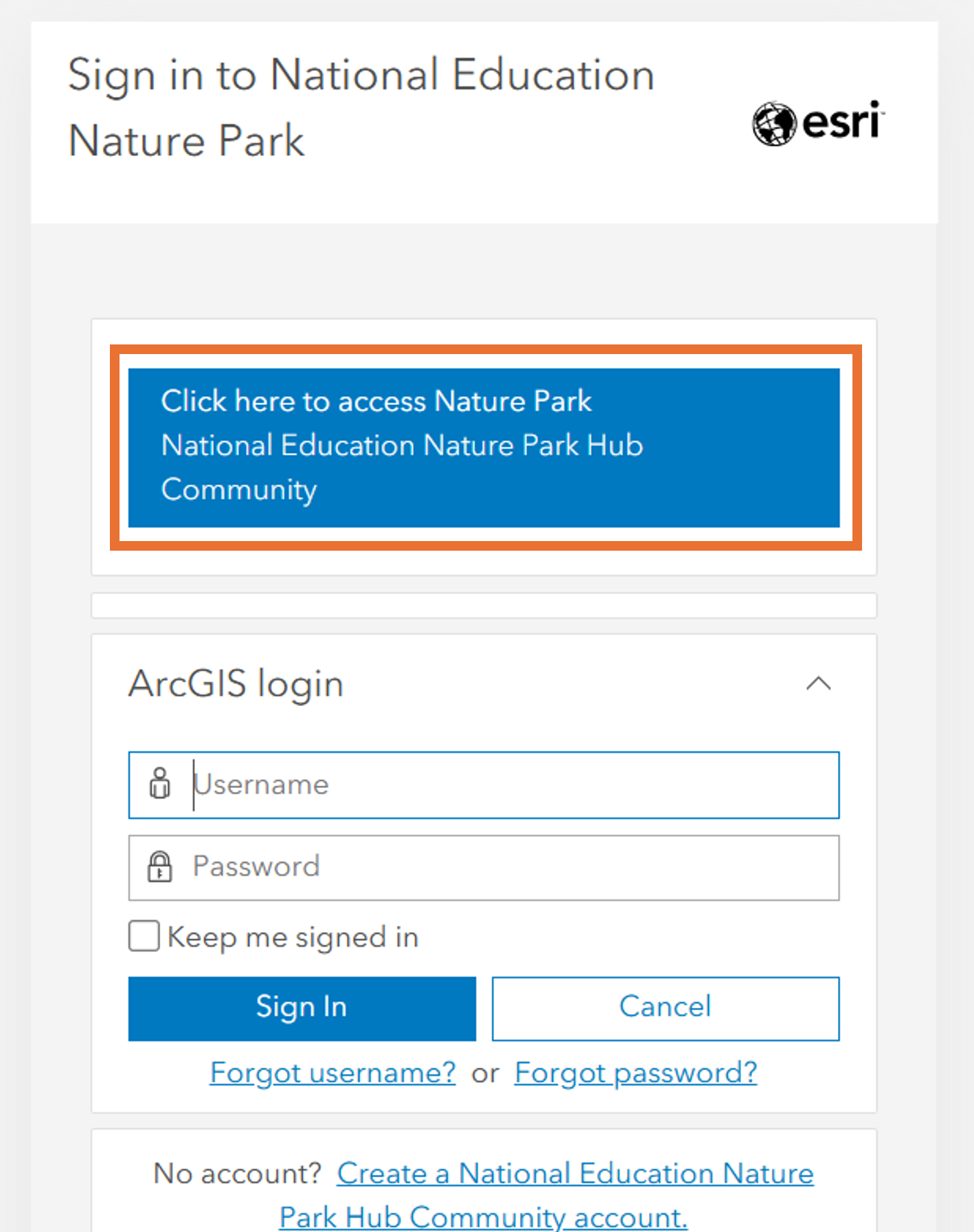 Screenshot of ESRI ArcGIS Login page with 'Click here to access Nature Park' blue button.