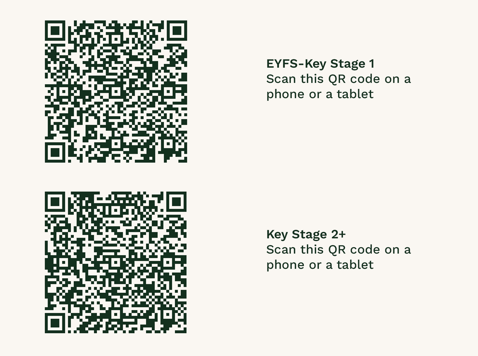 Two QR codes, one to open a EYFS-KS1 survey, and another for KS2+