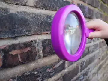 A child holding a magnifying glass to look at a ladybird