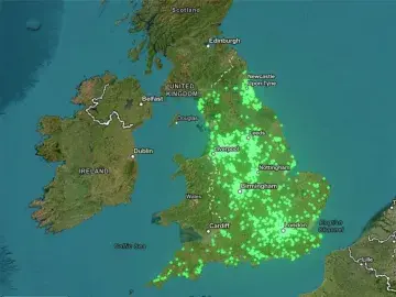 Map of glowing school sites across England