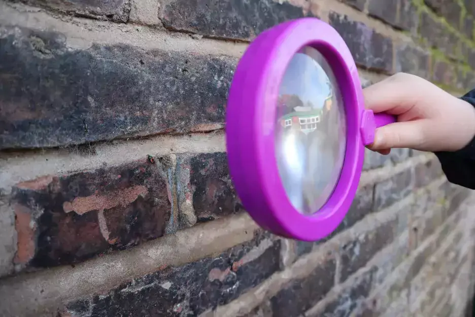 A child holding a magnifying glass to look at a ladybird