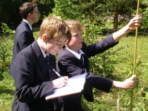 Students measure trees outside in their grounds