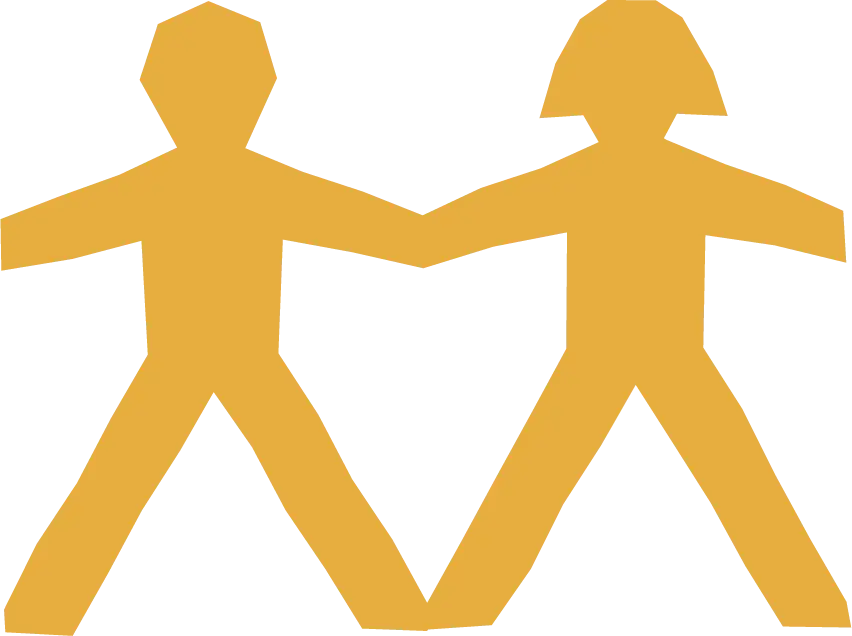 Yellow illustration of two paper cut out people